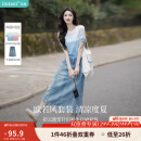 茵曼【商场同款】丁达尔渐变款女装圆领针织衫2025年夏季新款短袖上衣 蓝白条 M