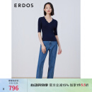 ERDOS 春夏波浪边设计V领半袖女桑蚕丝抽条针织衫 午夜蓝 L 165/88A