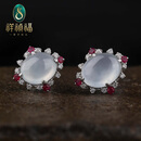 祥祯福珠宝（XIANGZHENFU JEWELRY）翡翠耳钉女款耳饰冰糯种蛋面18K金镶嵌钻一物一证 【翡翠蛋面耳钉，择优发货，一物