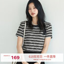 伊芙丽（eifini）【经典延续】伊芙丽通勤简约百搭肌理感条纹小香风针织短袖T恤女 黑色 M