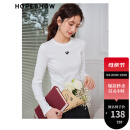 红袖字母绣正肩长袖T恤春秋季新款女装圆领别致小众显瘦百搭打底上衣 本白001 L