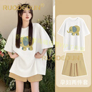 洛德顿 RUODEDUN孕妇装夏季套装新款短袖t恤女潮妈孕期穿搭宽松两件套 白色线条大象+卡其裤子【套装】 M