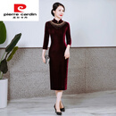 皮尔卡丹秋冬新款金丝绒手工钉珠长款旗袍婚礼妈妈装气质走秀宴会旗袍 璀璨酒红色长款中袖 【衣长116cm XL 115至125斤