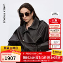 朗姿设计感时尚环保皮衣女纯色复古重工夹克外套2025年冬季新款 深咖色 S