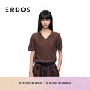 ERDOS【水溶羊毛】25早秋星空亮片轻薄短袖松弛感V领女针织衫 可可 XL 175/92A