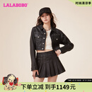 拉拉波波成梦鑫同款LALABOBO新款翻领字母女时尚短款复古牛仔夹克机车外套 黑牛仔 常规 M 