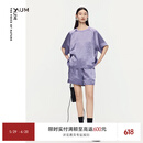 噢姆（AUM）【轻松套装】AUM噢姆2025年夏季新款光泽感抽绳缎面T恤上衣短裤女 紫色上衣 L