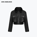 ANN ANDELMAN官方直营黑色毛领短款皮外套女秋冬新款保暖夹克上衣 黑色 M