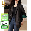 OLJ奢侈高档品牌中长款真皮皮衣女2025年春秋新款西装时尚绵羊皮外套 雅黑色 XL 建议120-130斤