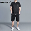 Ipenta奢侈高档品牌短袖套装男士夏季圆领百搭刺绣半袖两件套 黑色-精美礼盒装 M [建议体重95-115]