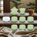 福美古厝高档天青汝窑鎏金玉瓷茶具套装龙凤轻奢羊脂玉泡茶功夫盖碗礼盒装 汝青玉瓷茶具佛说水晶杯 11头