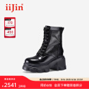 艾今（IIJIN）2025春夏新款10cm厚底内增高超轻真皮网纱拼接马丁靴女744NTC 黑色 34