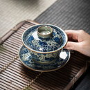 EATKM轻奢品牌三才盖碗景德镇柴窑青花盖碗手绘贵鱼藻纹带内画茶具茶碗 手绘贵鱼藻纹-三才盖碗