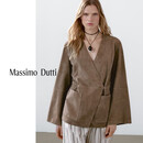 Massimo Dutti折扣升级2025女装极简休闲风廓形高级感V领真皮皮衣外套04739959 卡其色 S (CN 170/88A)