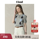 ELAND【100%棉】衣恋针织T恤女polo领贝壳扣菱格纹短袖2025夏新款 中灰色(18)M/Grey M /165