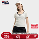 FILA 斐乐官方小狐狸女装针织短袖2025夏新款时尚休闲简约修身U领T恤 云菇白-WT L 170/88A/L