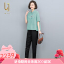 OLJ轻奢品牌套装女2025年夏季新款减龄复古休闲时尚上衣裤子两件套 豆绿+黑色 2XL 139-150斤