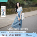茵曼【商场同款】丁达尔渐变款女装圆领针织衫2025年夏季新款短袖上衣 蓝白条 M