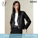 玖姿·安娜蔻经典休闲机车绵羊皮修身皮衣夹克外套女2024冬款 素黑 L