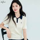伊芙丽POLO领撞色绣花百搭薄款短袖针织衫2025夏季新款 米白 POLO领 L