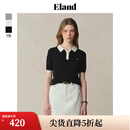 ELAND【莱赛尔＋亚麻】衣恋针织T恤女polo领撞色门襟短袖25夏新款 藏青色(59)Navy M /165