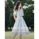 茵曼（INMAN）夏季法式收腰提花肌理女装方领连衣裙文艺风泡泡袖裙子 浅蓝色 M
