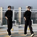 罗蒙春夏高级感潮牌套装设计师款简约衬衫休闲宽松衬衣长裤痞帅原创潮 黑色套装 L 130-150斤