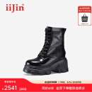 艾今（IIJIN）2025春夏新款10cm厚底内增高超轻真皮网纱拼接马丁靴女744NTC 黑色 34