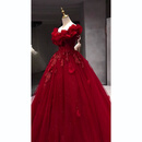 勤驰新品红色一字肩婚纱新娘25新款重工主纱高级质感孕妇小个子复古拖 酒红色拖尾送三 L 均码