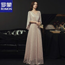 罗蒙（ROMON）晚礼服女春秋2025新款收腰显瘦气质宴会名媛长款主持人年会连衣裙 香槟金 XL