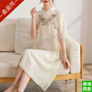 GUYN新中式刺绣旗袍桑蚕丝连衣裙女2025夏季新款妈妈装真丝过膝裙子 白色 XL 90-105斤