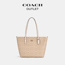 蔻驰（COACH）【官方】奥莱女士女包经典标志CITY拉链托特包老花city30 沙黄色/粉笔白色（新版）