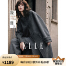 ELLE【100%绵羊毛】灰色连帽毛呢外套女2024冬季新款长款羊毛大衣 中灰 S