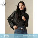 玖姿·安娜蔻通勤休闲简约圆领羊皮革真皮短款皮衣女装2024冬款 素黑 M