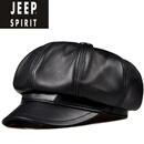 JEEP真皮八角帽男女同款韩版春秋季百搭贝雷帽画家中老年羊皮男士帽子 黑色(羊皮) XL (58-59cm )