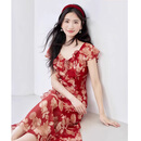 GUYN品牌高端红色碎花连衣裙女2025夏季新款优雅气质短袖修身显瘦裙子 红色花 S