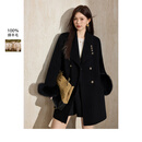 蓝语黑色气质双排扣狐狸毛羊毛大衣2025冬季新款收腰毛呢外套 黑色 现货 3XL 【建议160-180斤】