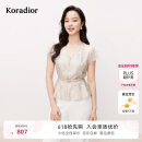 珂莱蒂尔2025夏季新款蕾丝V领短袖上衣女优雅系带收腰设计感衬衫 淡橙 L