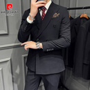 皮尔卡丹（pierre cardin）春夏季羊毛西装男套装商务正装英伦结婚新郎双排扣西服三件套 黑色(西服+西裤) 送白衬衫领带领 3XL