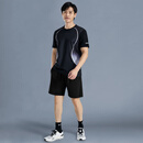 ktHW运动套装男速干健身衣冰丝短袖短裤t恤跑步训练服羽毛球服男 黑灰运动两件套-【速干透气】 M