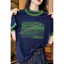 GUYN欧货撞色拼接短袖t恤女2025夏季新款时尚百搭显瘦圆领印花上衣潮 波浪线藏蓝色 M