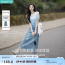 茵曼【商场同款】丁达尔渐变款女装圆领针织衫2025年夏季新款短袖上衣 蓝白条 M