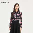 珂莱蒂尔【100桑蚕丝】商场同款2025年春印花真丝雪纺衫女 黑色 2XL