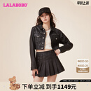 拉拉波波成梦鑫同款LALABOBO新款翻领字母女时尚短款复古牛仔夹克机车外套 黑牛仔 常规 M 
