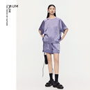 噢姆（AUM）【轻松套装】AUM噢姆2025年夏季新款光泽感抽绳缎面T恤上衣短裤女 紫色上衣 L