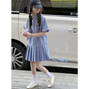 学院风女童格子连衣裙2025新款夏装儿童短袖裙子A字裙 蓝色 170 cm