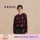 ERDOS 圆领提花套衫复古菱形格厚款学院风宽松女羊绒衫 藏蓝 160/80A/S