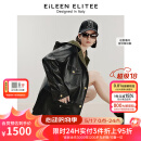 朗姿【意大利设计】冬季新款连帽撞色设计感气质皮衣外套女 黑色 XL