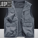 吉普（JEEP）春夏季轻薄速干冰丝马甲男士工装多口袋无领户外钓鱼路亚坎肩背心  灰色  XL 建议130斤左右