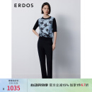 ERDOS 圆领针梭拼接剪影桃花短袖优雅中式女针织套衫 黑 L 165/88A